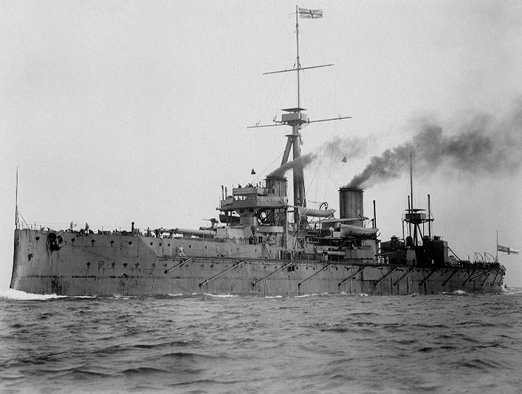 HMS Dreadnought, the first of new class, of all-big-gun battleships, caused the Anglo–German naval arms race to reach its period of greatest intensity. 